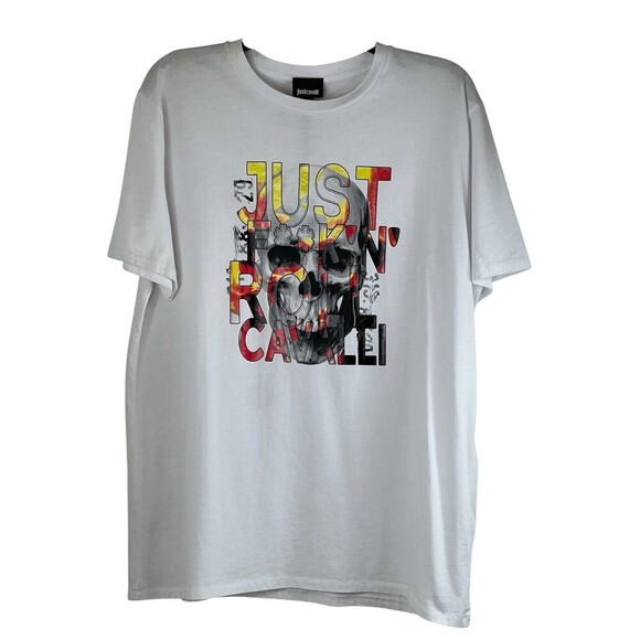 Just Cavalli Mens White Skull Tee Shirt "JUST F**K'N' ROLL CAVALLI" Crew Neck L - Picture 2 of 11